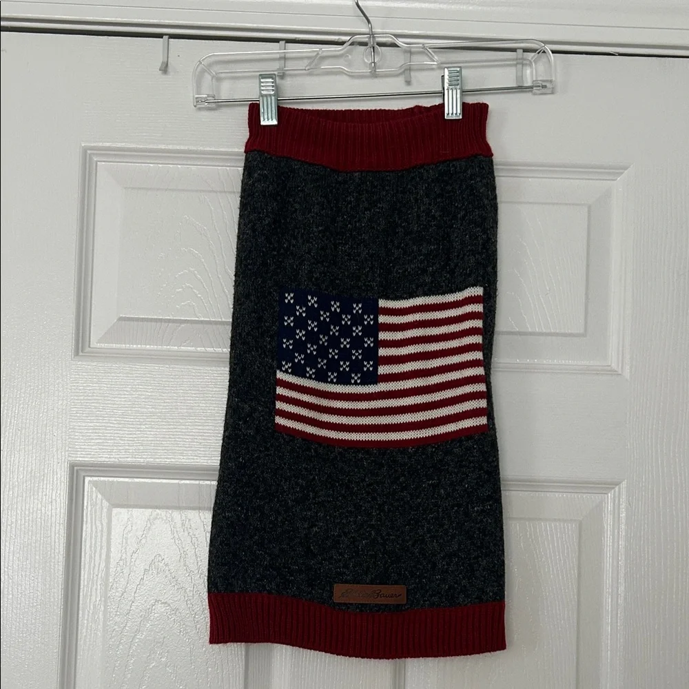 Eddie Bauer Dog sweater Charcoal Knit with American Flag & Red Trim size Large